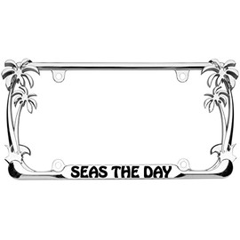 Seas The Day Palm Tree Design Chrome/Black Metal Auto License Plate Frame Car Tag Holder (Chrome/Black)