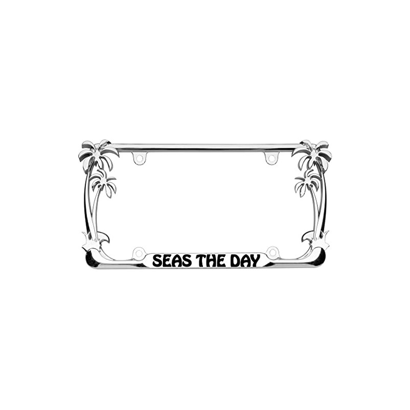Seas The Day Palm Tree Design Chrome/Black Metal Auto License