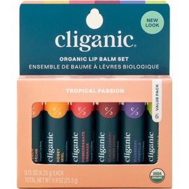 Cliganic Set de Bálsamos Labiales Orgánicos Tropical Passion 6 Sabores  Sabores cereza negra, durazno, granada, manzana verde, miel y arándano tamaño 