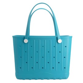 Forrader Rubber Beach Tote Bag, Large Waterproof Beach Bag for Pool Boat, Sports, Outdoor Washable Travel Tote Bag (lake blue, Medium)