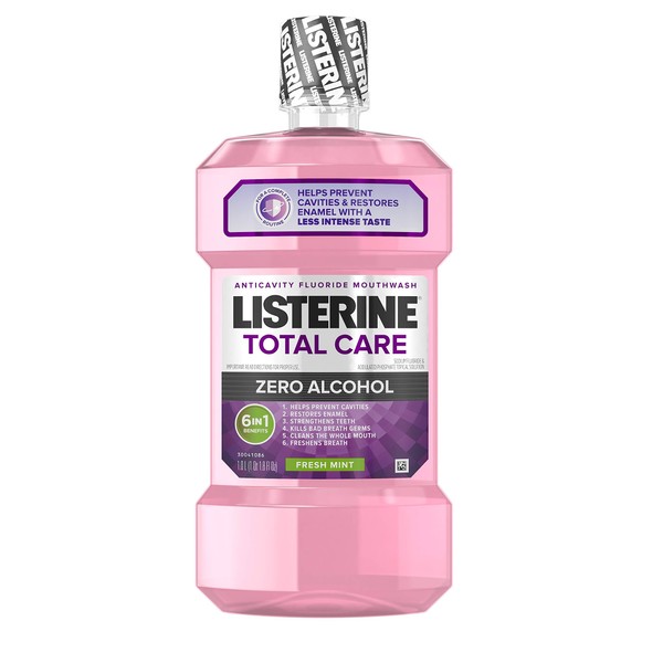 Listerine Total Care Alcohol-Free Anticavity Mouthwash, 6 Benefit Fluoride Mouthwash for Bad Breath and Enamel Strength, Fresh Mint Flavor, 1 L