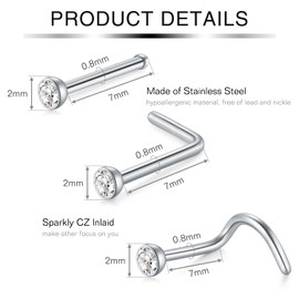 Incaton 20G Nose Stud Nose Piercing, Nose Piercing CZ Nose Stud Stainless Steel Nose Ring Nose Piercing Silver Rose Gold Black