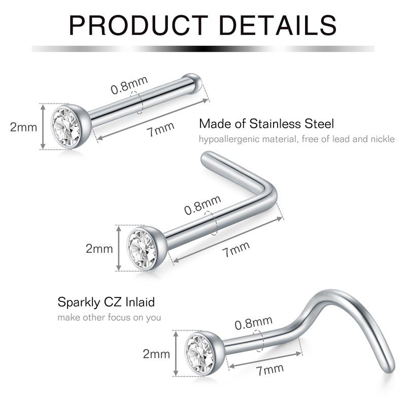 Incaton 20G Nose Stud Nose Piercing, Nose Piercing CZ Nose