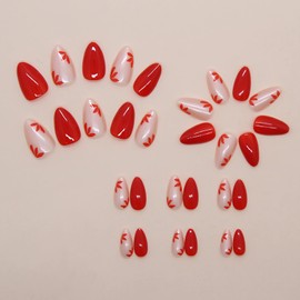 BABALA Press on False Nails Medium Almond Fake Nails Red Glue on Acrylic Nails Flower Coquette 24Pcs Full Cover Stick on Manicure Artificial
