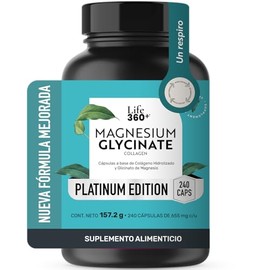 LIFE 360 Suplemento de Glicinato de Magnesio, Envase con 240 Cápsulas  Cada cápsula aporta 655 mg. Contiene colágeno hidrolizado y glicinato de...    