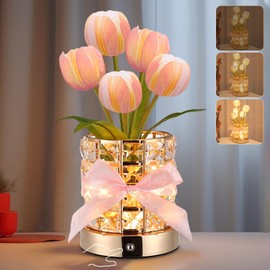 Tulip Flower Lamps, Rechargeable Cordless Small Desk Lamp, 3 Colors Dimmable Artificial Flowers Night Light, Fake Bouquet 5 Tulip with Crystal Vase for Home Date Party Decoration (Tulip-Pink)