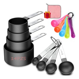 ABIGALE Juegos De 14 Cucharas Medidoras, Cucharas Y Tazas Medidoras Cocina Repostería Acero Inox Color Negro