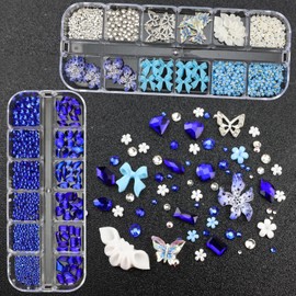 VOTACOS 4 Boxes Blue Nail Gems Bow Flower Nail Charms for Acrylics - Irregular Crystals, Nails Rhinestone & Accessories for Women Nails Art Design Nails Decor(Blue)