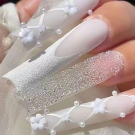 Press on Nails Long Square BAOYAALIN, White Glitter Fake Nails with 3D Flower Pearls Design Gel Glue on Nails for Women Girls Full Cover Acrylic Artificial False Stick on Nail for Wedding 24Pcs