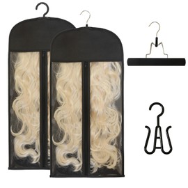 2 Pack Wig Storage Bags with Hooks and Traceless Wooden Clips, Dustproof Hanging Hair Extension Organizer with Clear Window, Portable Wig Holder for Travel and Home Closet (Black, 23.6 inch)