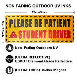 Student Driver Magnets for Car,Please Be Patient Student Driver Sticker Girls and Boys New Student Driver Sticker Safety Warning Signs,High Reflective,Reusable Movable,Set of 3. 3.5" x 9"