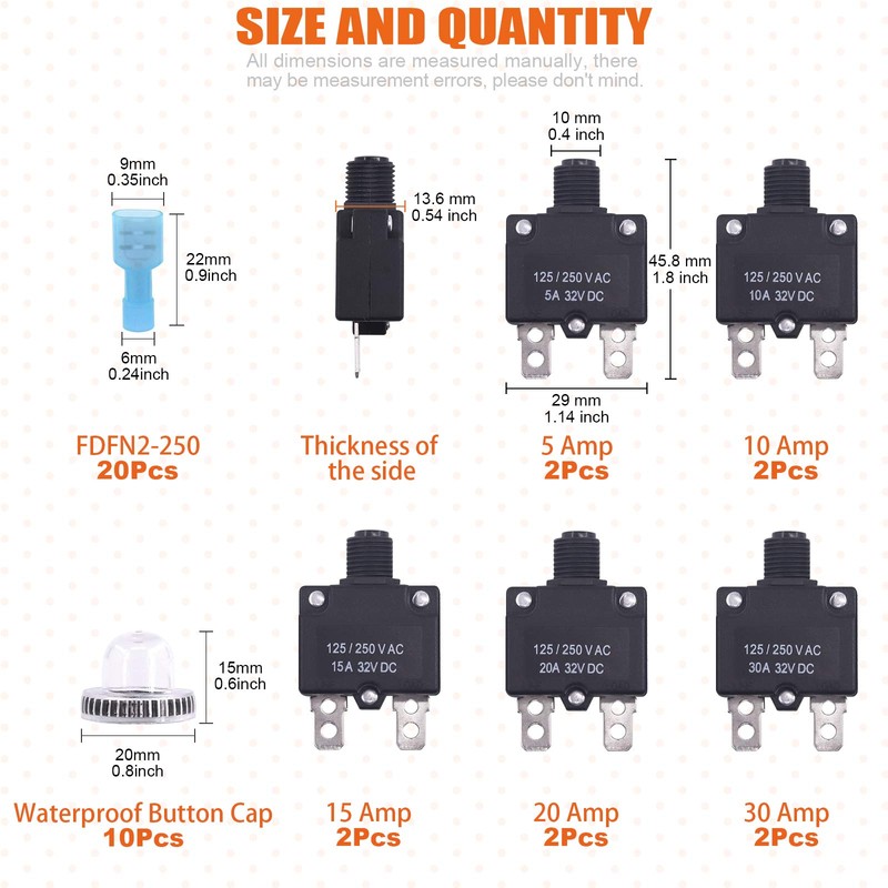 Rustark 30 Pcs DC Push Button Reset Circuit Breaker Assorted