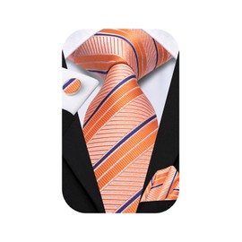 Hi-Tie Extra Long Tie for Men Orange Blue Striped Ties Formal XXL 70 inches Necktie Handkerchief Cufflinks for Big and Tall Men Business Wedding