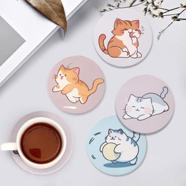 Bonito juego de 6 posavasos de regalo para amantes de los gatos con soporte, posavasos de cerámica para mesa, posavasos con temática de gato, regalos Kawaii, decoración de anime, computadora, bebidas,