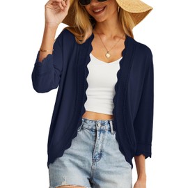 GRECERELLE Womens Summer Cardigan Lightweight Soft Casual Cropped Knit Shrugs Jumper Womens Tops for Dress Summer Evening Wedding (Navy Blue, L)