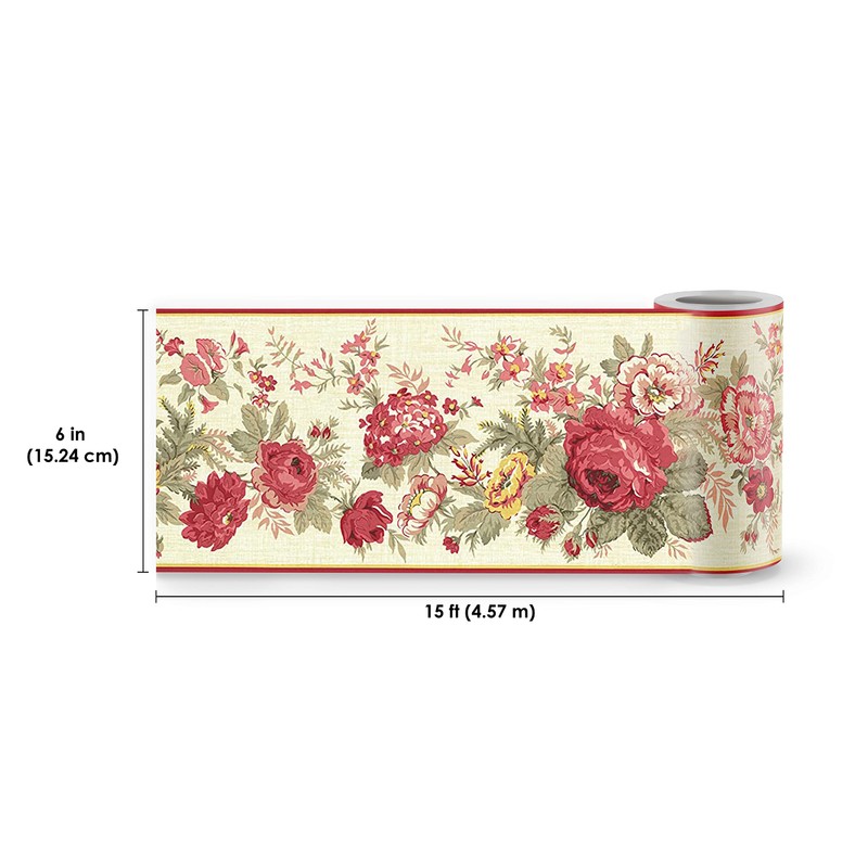 Red Yellow Blooming Flowers Floral Wallpaper Border Retro Design, Roll