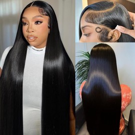 FLOLIFE 13x6 Lace Front Wigs Human Hair Pre Plucked HD Straight Lace Front Wigs Human Hair 180% Density Frontal Wigs Human Hair Natural Black Human Hair Lace Front Wigs for Women 26 Inch