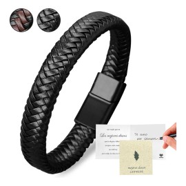 Leawede Pulsera Tejer Cuero Hombre Caballero Acero Inoxidable Broche Negro pulsera para hombre pulseras hombre piel regalos hombre