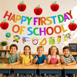 Happy First Day of School Banner – Pre-Strung Glitter Back to School Decorations, Welcome Back to School Garland with Red Apple Honeycomb Balls for Classroom Office Home Party Decor
