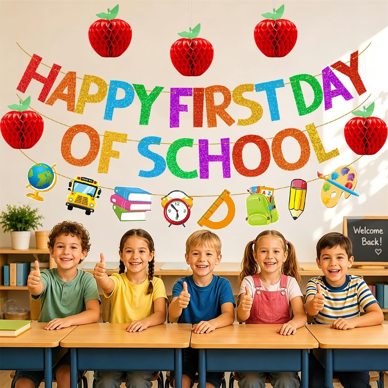 Happy First Day of School Banner – Pre-Strung Glitter Back