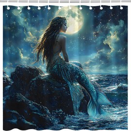 MZYZAF Fantasy Ocean Mermaid Shower Curtain Beach Coastal Full Moon Dark Blue Night Mystical Girls Fairy Tropical Fish Tail Scale Nautical Seascape Bathroom Decor Fabric Curtain with Hooks 70X70Inch