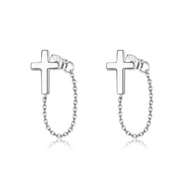 DAYLINLOVE Cross Stud Earrings 925 Sterling Silver Cross Chain Earring Hypoallergenic Chain Link Cross Jewellery Birthday Gifts for Women Girls, Sterling Silver