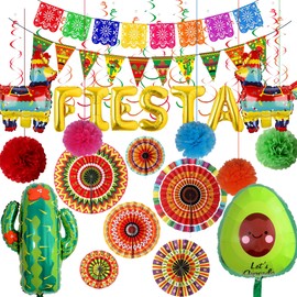 32pcs Mexican Party Decorations, Fiesta Party Decor Crepe Paper Streamer Mexican Themed Paper Fans Pom Poms Flowers for Mexican Fiesta Party Cinco De Mayo Party Supplies