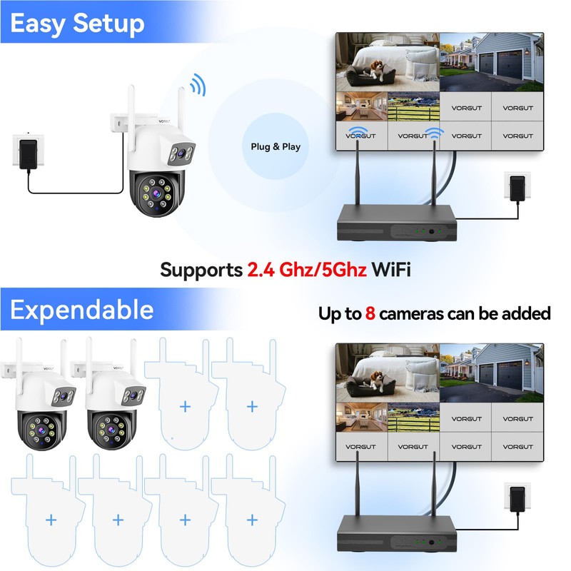 VORGUT Wireless Security Camera System Outdoor, 2pcs 2K Dual Lens