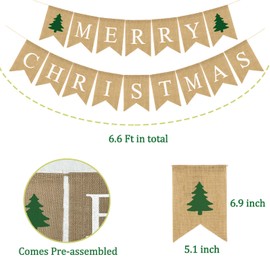 Cmaone Merry Christmas Burlap Banner Xmas Tree Rustic Vintage Christmas Bunting Garland for Xmas Party Supplies Home and Outdoor Holiday Decor