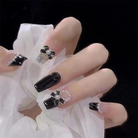 Press On Nails Short Ballet, Cute Design Fake Nails, Beautiful Bow Stick On Nails, Glitter Pearl Glue on Nails on 24PCS (Black Pearl Bow)