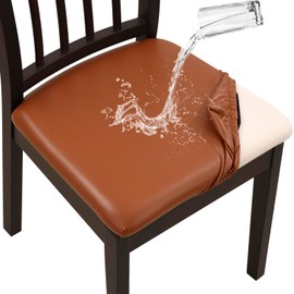 YISUN Chair Seat Covers Set of 6, Pu Leather Waterproof Dining Room Chair Covers, Stretch Chair Cover for Dining Room Chair Protector Slipcover for Kitchen, Hotel (Pu Light Brown, 6)