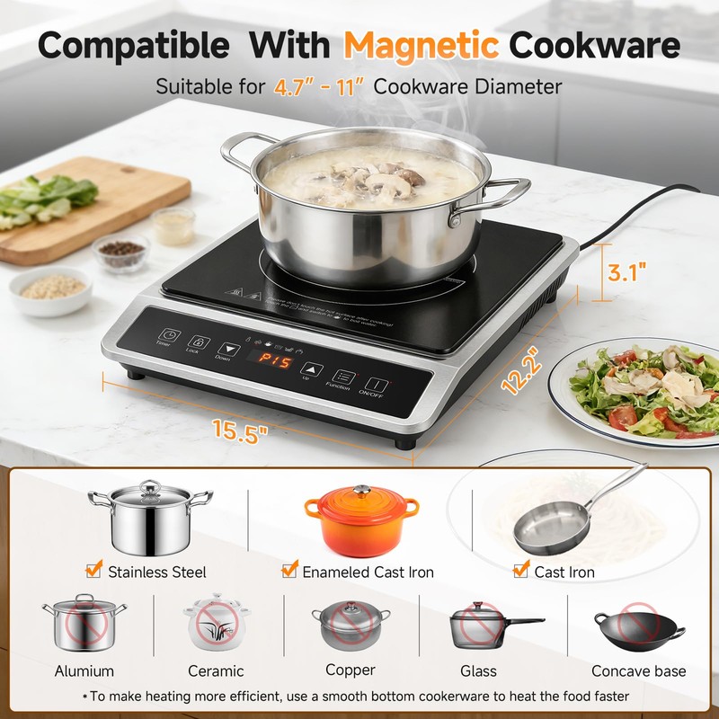 AMZCHEF 1800W Induction Cooktop Commercial: Large 8" Heating Coil Induction