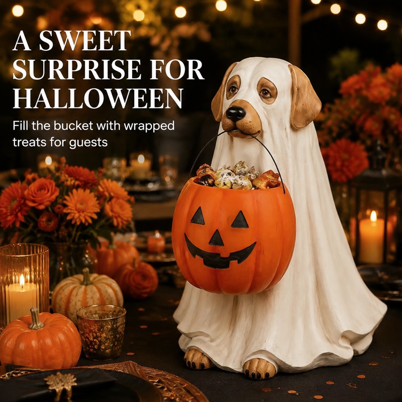 Halloween Ghost Dog Pumpkin Resin Figurine Hand-Painted Outdoor Indoor Holiday
