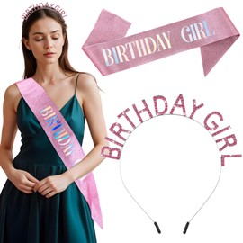Hpmjz Birthday Crown and Sash Set for Women Glitter Pink Birthday Sash, Tiara and Rhinestone Headband Set Happy Tiara Headband Princess Pink Birth Day Party Sweet Accessories Decorations for Girls