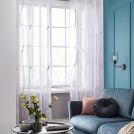 Deconovo Stores Curtains with Eyelets Sheer, Eyelet Curtain Wavy Line, 245 x 140 cm (Height x Width), White, Set of 2