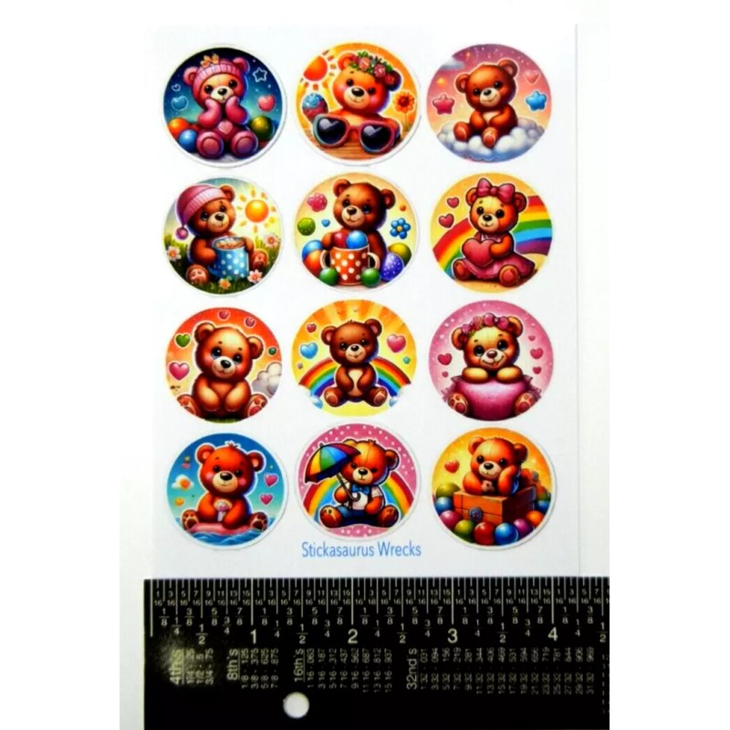 Stickasaurus Wrecks Colorful Teddy Bears Round Stickers Sheet