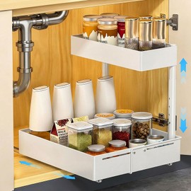 Extendable Sink Organiser - 2 Tier Base Cabinet Organiser Kitchen Height Adjustable & Extendable Cabinet Organiser Made of Carbon Steel for Sink, Bathroom & Pantry, Durable & Rustproof (White)
