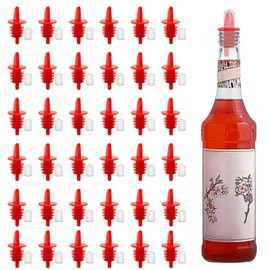 36 PCS Bottle Pourers And 36 PCS rubber pourers dust cap covers Syrup Pourer Pour Spouts Plastic Liquor Bottle Pourers with Rubber Pourers Dust Cap Covers Bottle Pourers (Red)