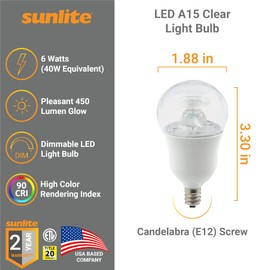 Sunlite 80135 LED A15 Appliance Clear Light Bulb, 6 Watts (40W Equivalent), 450 Lumens, Candelabra Base (E12), 90 CRI, Dimmable, ETL Listed, Ceiling Fan, 3000K Warm White, 1 Count