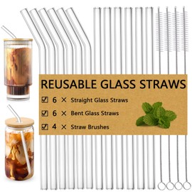CWHHRN 16 Pack Reusable Glass Straws with Brushes, Clear Glass Drinking Straws, 8.5''x10MM, Set of 6 Straight + 6 Bent with + 4 Cleaning Brushes