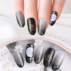 3 Sheets Gold Glitter Nail Art Stickers 3D Self-Adhesive Nail Decals Star Moon Honeybee Nail Art Decorations for Women Girls DIY Nail Design