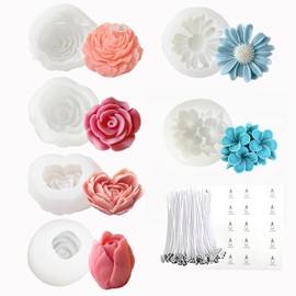 6 Pcs Flower Silicone Molds Kit 3D Flower Resin Candle Mold for Candle Making,Silicone Rose Tulip Peony Daisy Heart Soap Wax Candle Molds for Soy Wax, Beeswax,Candle Topper Decor,Clay Casting Craft