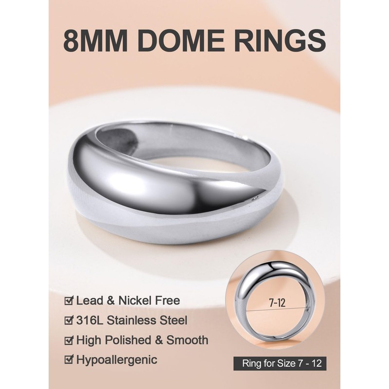 Stainless Steel Dome Bubble Ring Minimalist Stackable Wide Band Ring