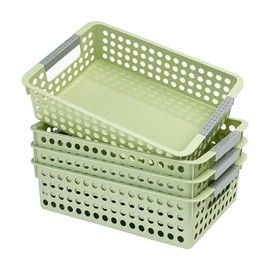 4 Pack Small Plastic Storage Baskets for Organizing, Stackable Bins with Handles for Shelves, Multipurpose Drawer Trays (Green)