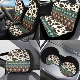 Horeset Southwest Aztec Geometric Cow Print Auto Seat Cover with Headrest Cover,Cup Coasters,Handbrake Cover,Gear Shift Caover and Lanyaeds Key Chain Fit Most Cars for Women Men(11-Piece)