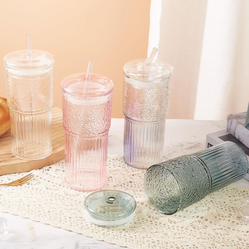 GOSCHE Glass Coffee Cups with Lids and Straws, 20oz Drinking
