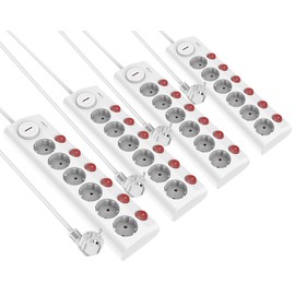 revolt Set of 4 6-Way Socket Strips, Individually Switchable, Main Switch, 3,680 W