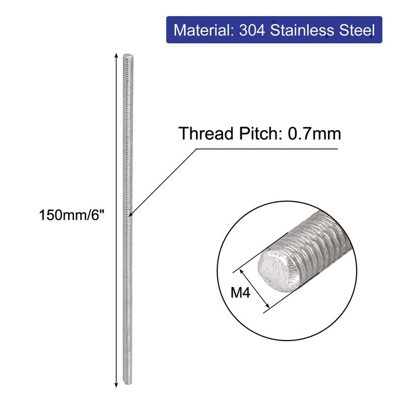 uxcell M4 x 150mm 304 Stainless Steel Fully Threaded Rod