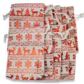 Hackberry Creek 10 Metallic Tan & Red Fabric Drawstring Bags for Christmas, Reusable Pouches