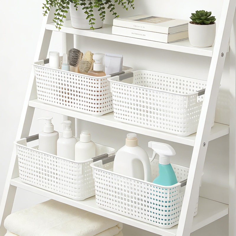 4-Pack Hollow Plastic Storage Baskets with Handles(White, Medium)